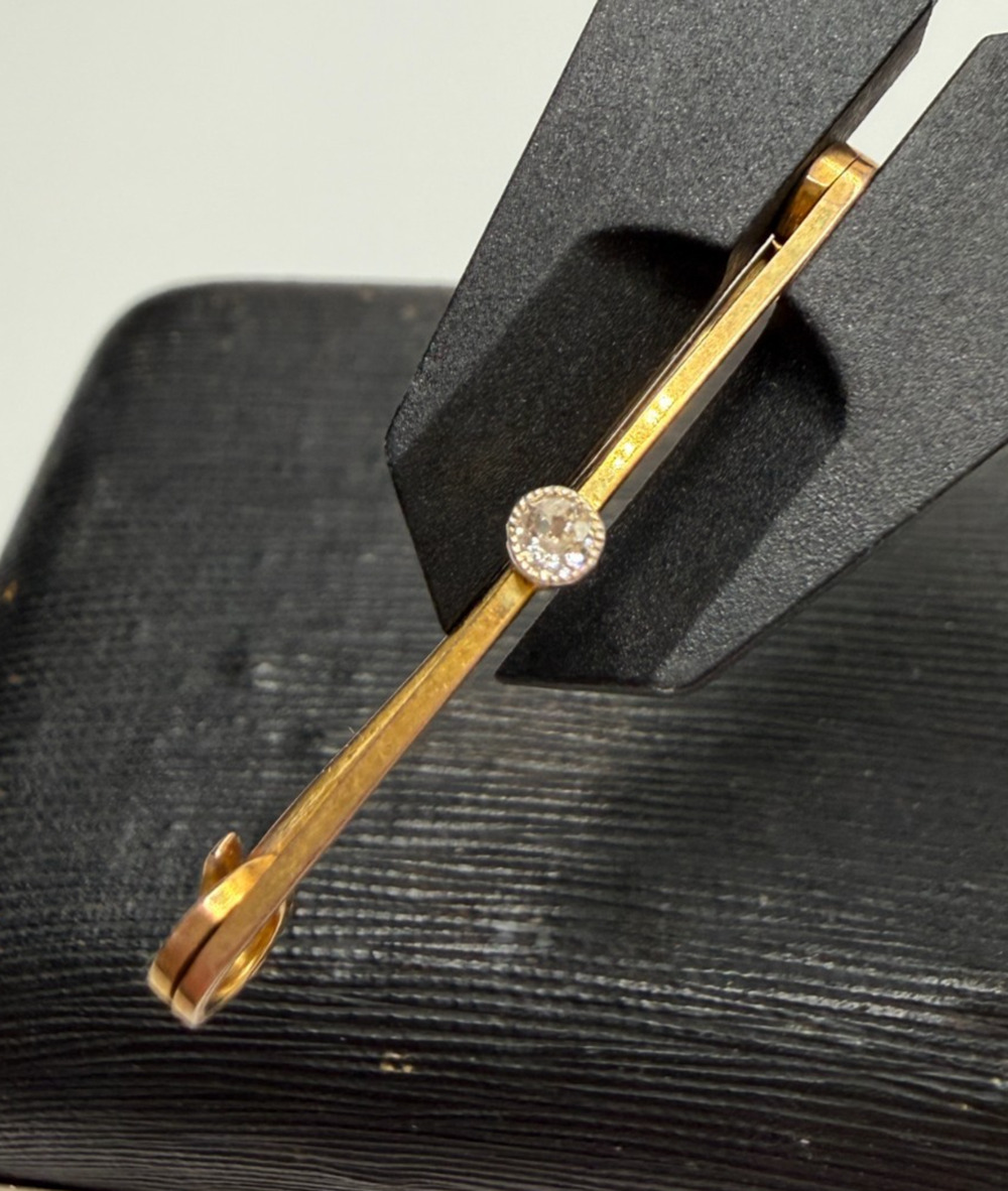 Antique 9ct Gold Safety Pin Brooch Genuine Diamond Bar Pin 1.26g 1.5" Length UK